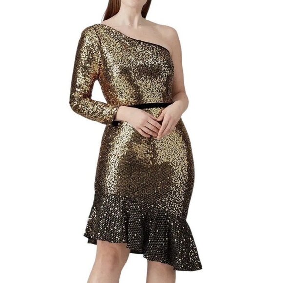 Marchesa Notte Sequined One Shoulder Asymmetric Ruffle Hem Dress Gold Size 2 - Picture 1 of 9